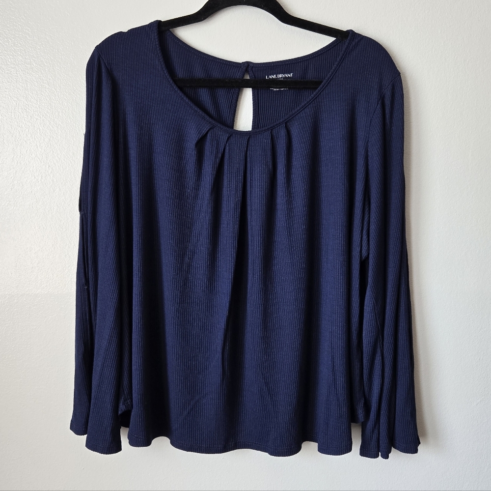 Lane Bryant Navy Blue Ribbed Knit Top Split Cold Shoulder Sleeve Keyhole Back